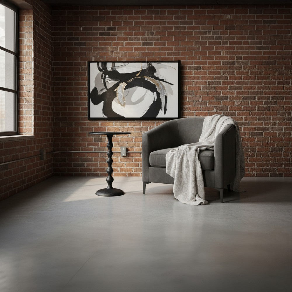 The Urban Port Shae 22 Inch Round Side End Table - Matte Black Aluminum Cast, Hammered Texture, Turned Pedestal Post