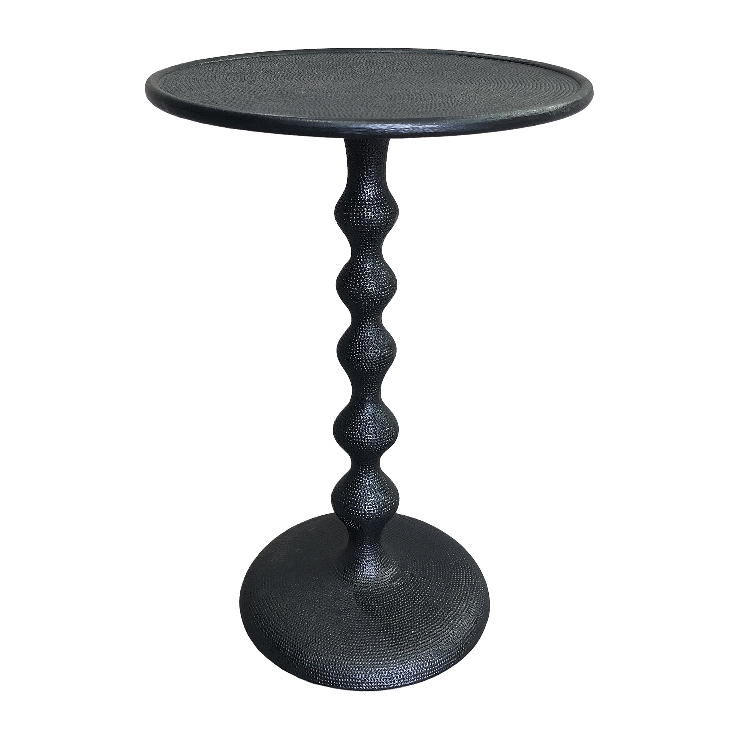 The Urban Port Shae 22 Inch Round Side End Table - Matte Black Aluminum Cast, Hammered Texture, Turned Pedestal Post