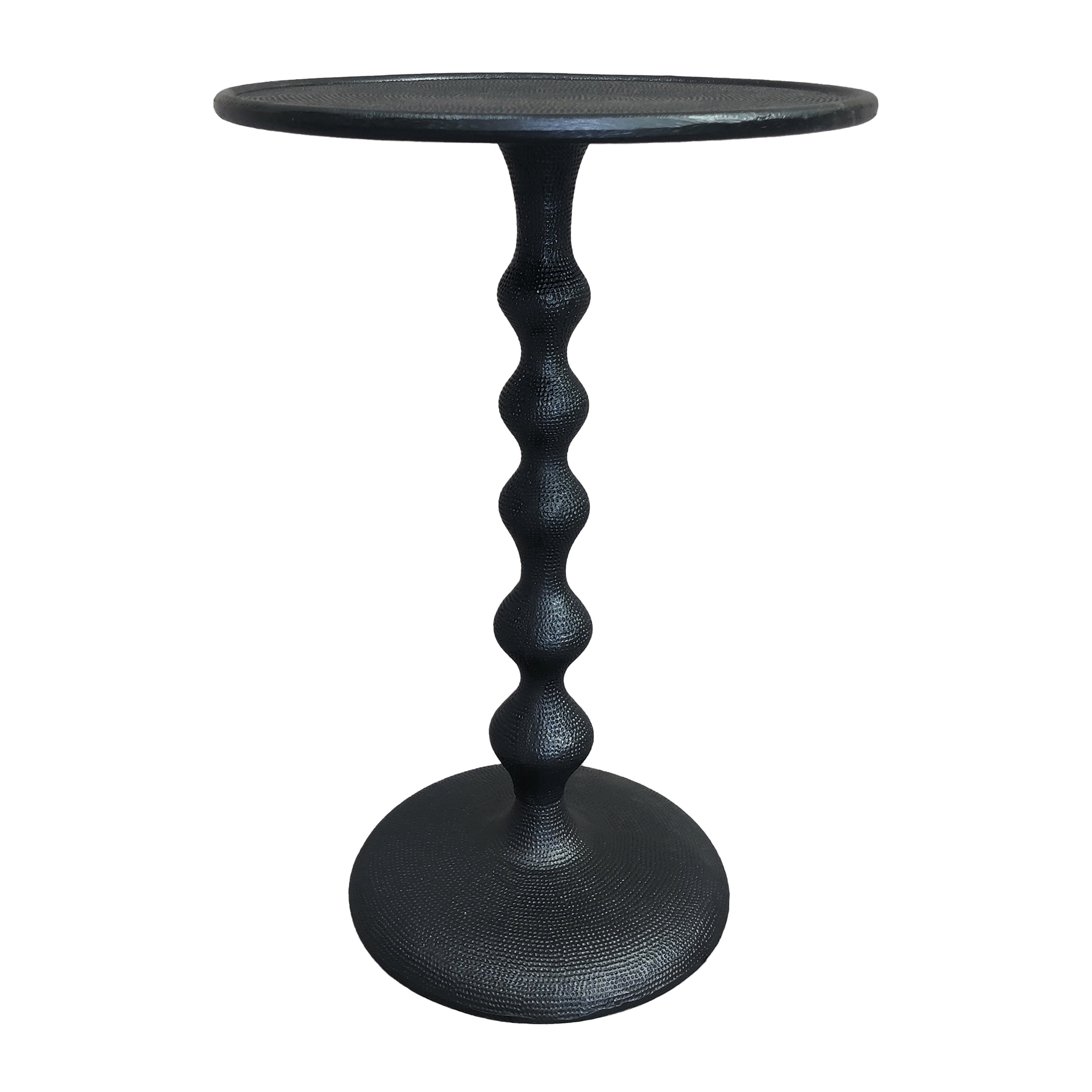 The Urban Port Shae 22 Inch Round Side End Table - Matte Black Aluminum Cast, Hammered Texture, Turned Pedestal Post
