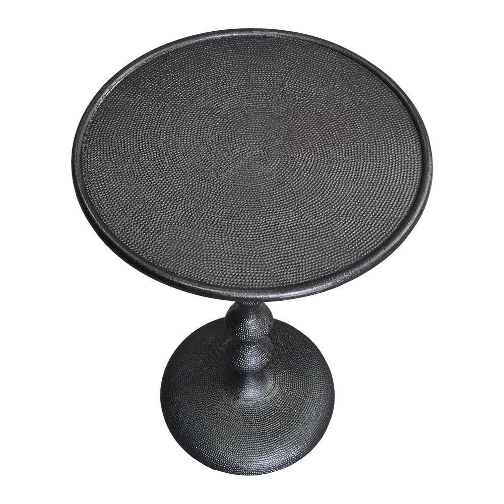 The Urban Port Shae 22 Inch Round Side End Table - Matte Black Aluminum Cast, Hammered Texture, Turned Pedestal Post