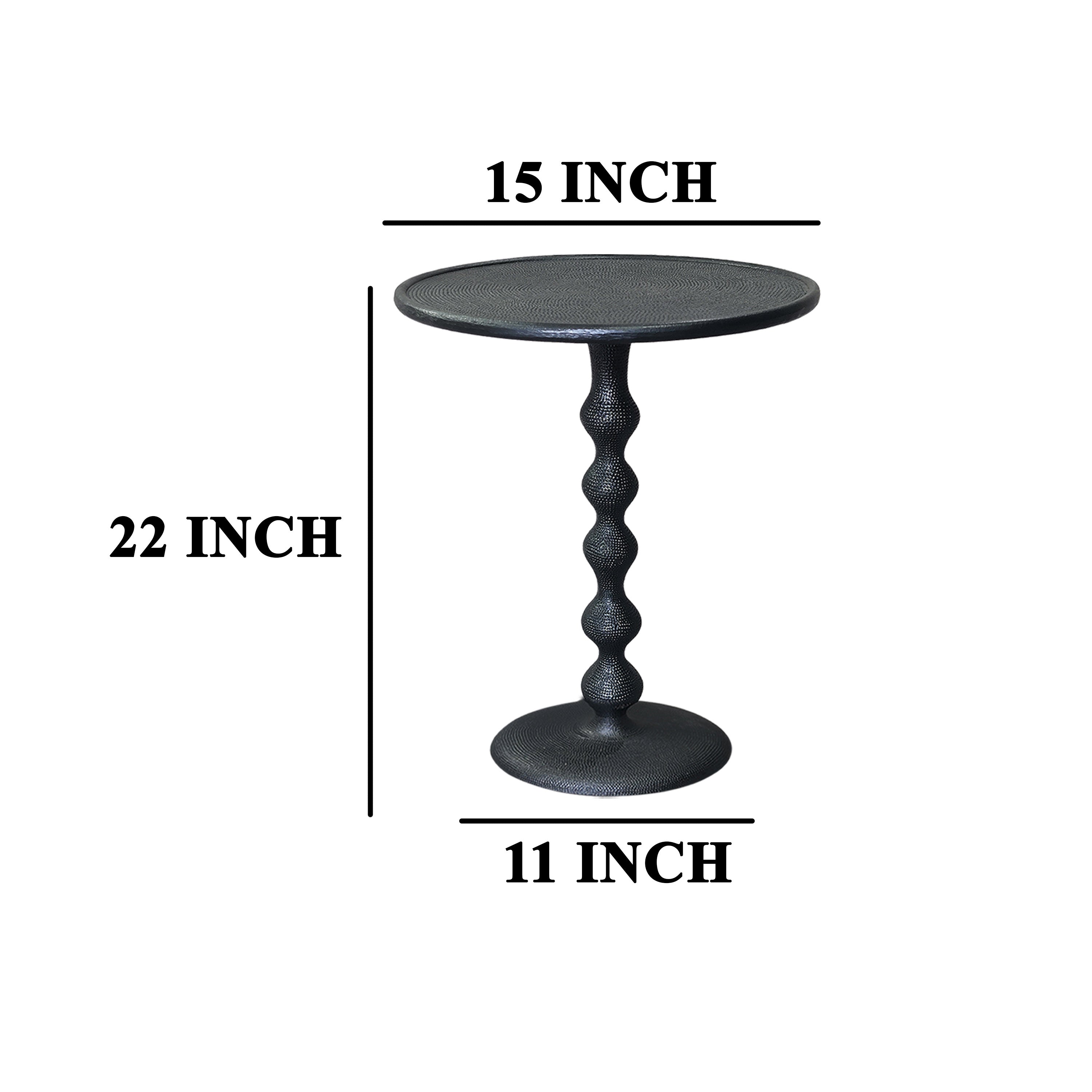The Urban Port Shae 22 Inch Round Side End Table - Matte Black Aluminum Cast, Hammered Texture, Turned Pedestal Post