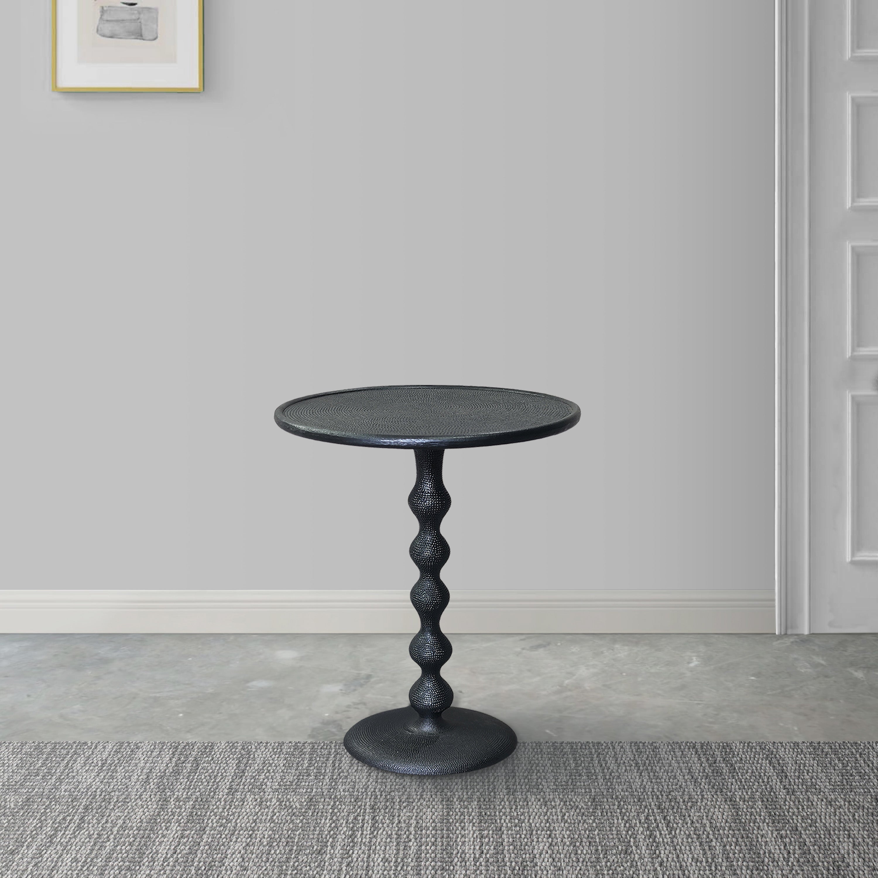 The Urban Port Shae 22 Inch Round Side End Table - Matte Black Aluminum Cast, Hammered Texture, Turned Pedestal Post