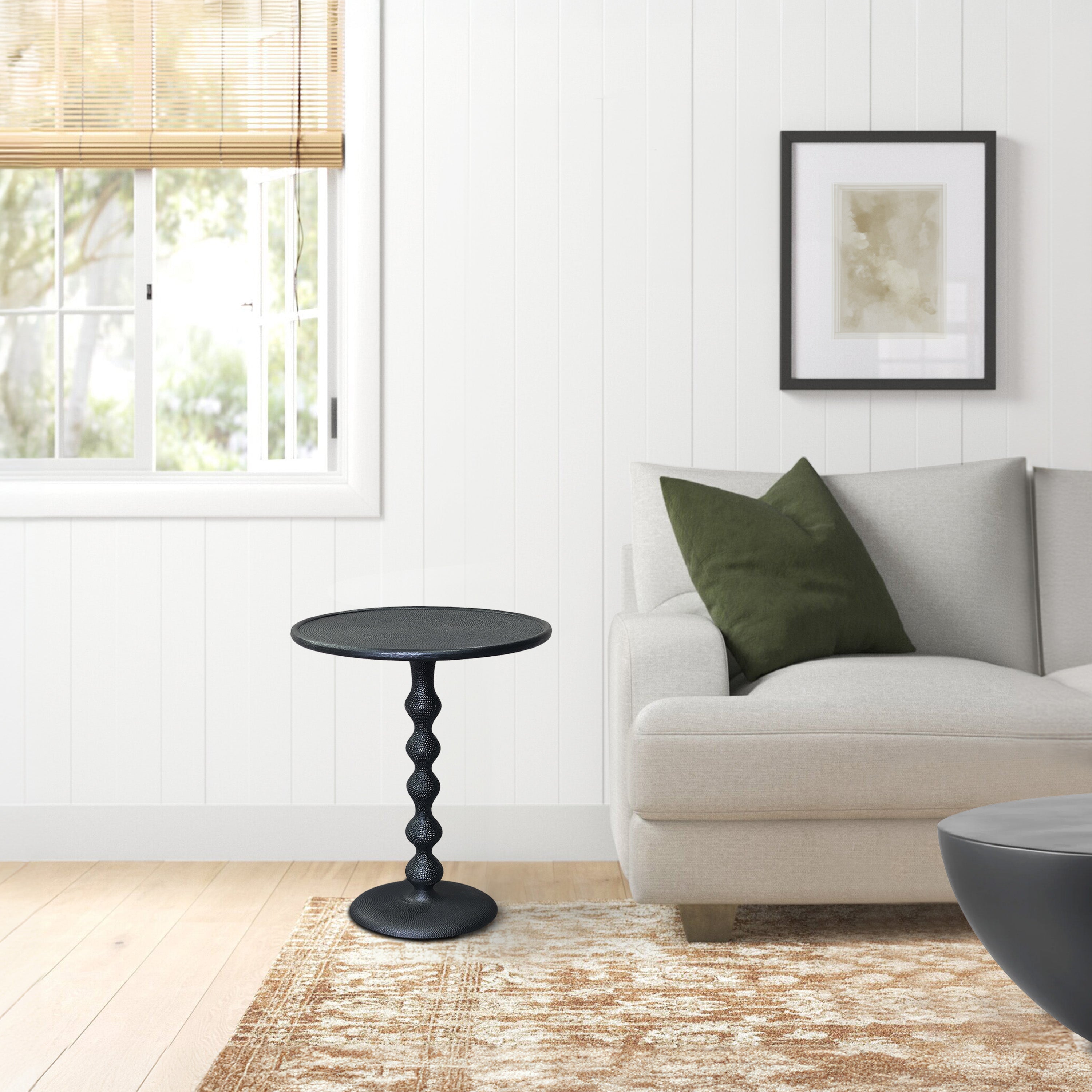 The Urban Port Shae 22 Inch Round Side End Table - Matte Black Aluminum Cast, Hammered Texture, Turned Pedestal Post