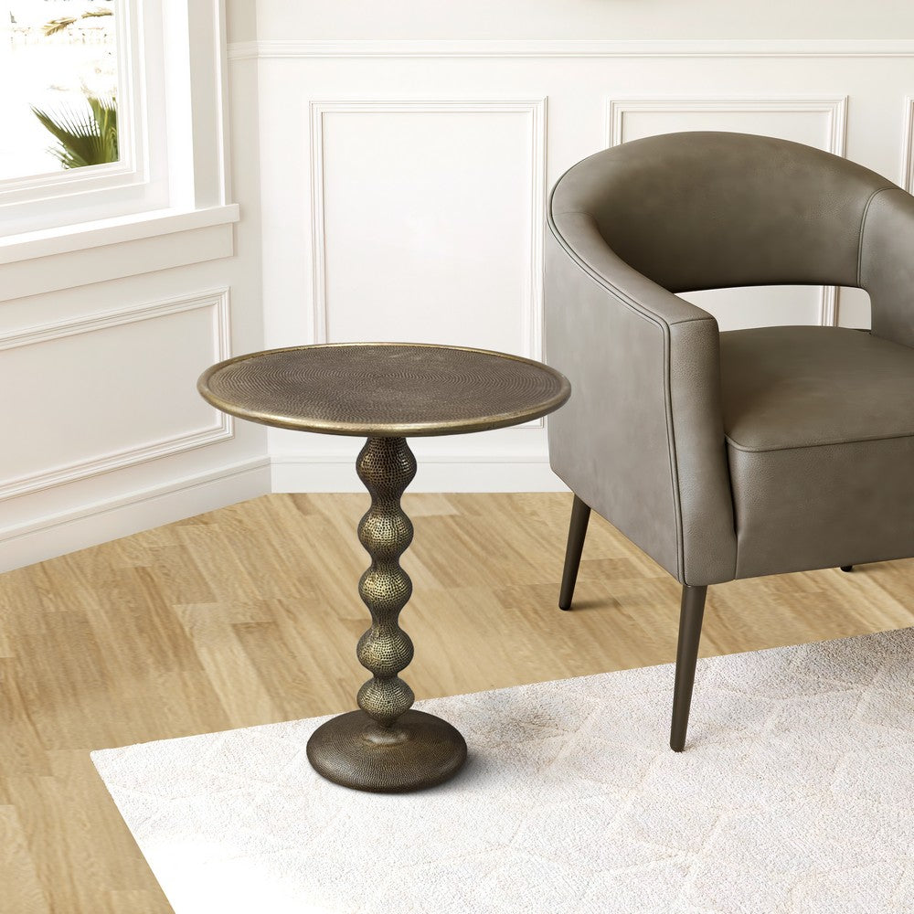The Urban Port Shae 22 Inch Round Side End Table - Antique Brass Cast Aluminum with Hammered Texture For Small Places