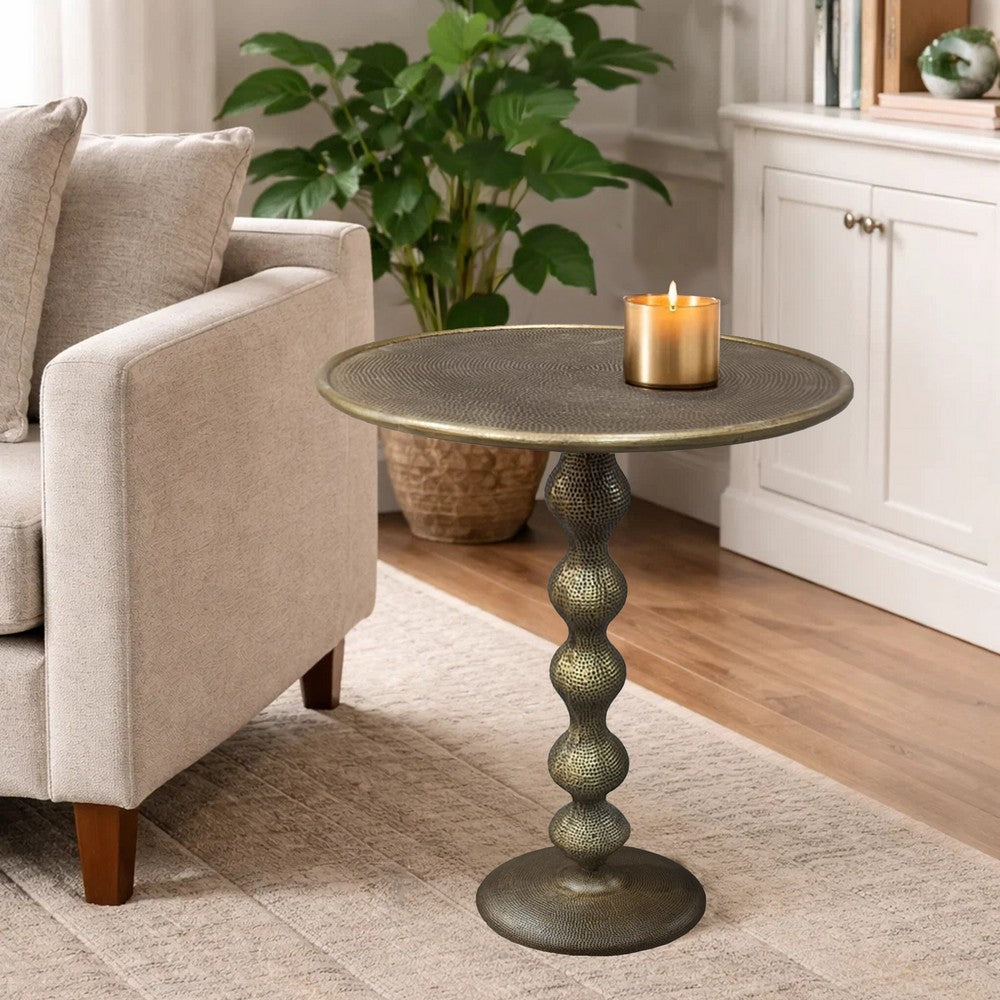 The Urban Port Shae 22 Inch Round Side End Table - Antique Brass Cast Aluminum with Hammered Texture For Small Places
