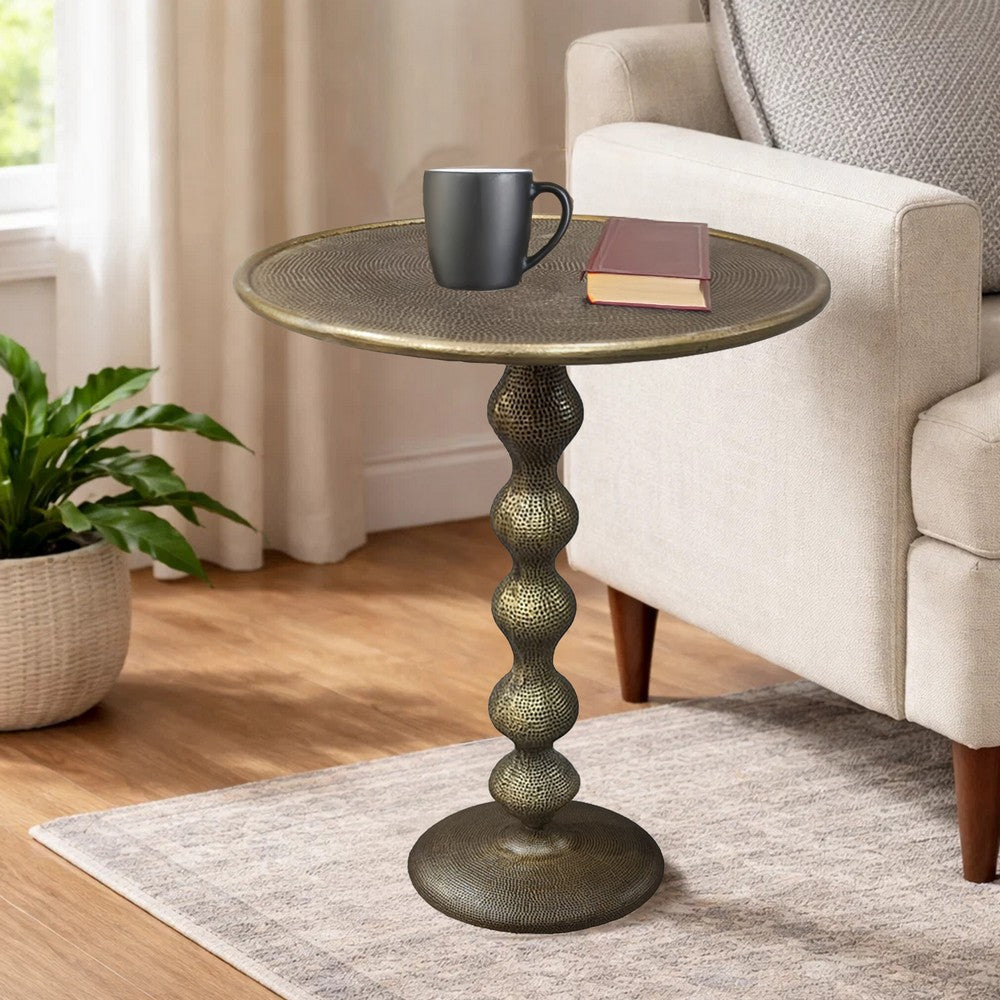 The Urban Port Shae 22 Inch Round Side End Table - Antique Brass Cast Aluminum with Hammered Texture For Small Places