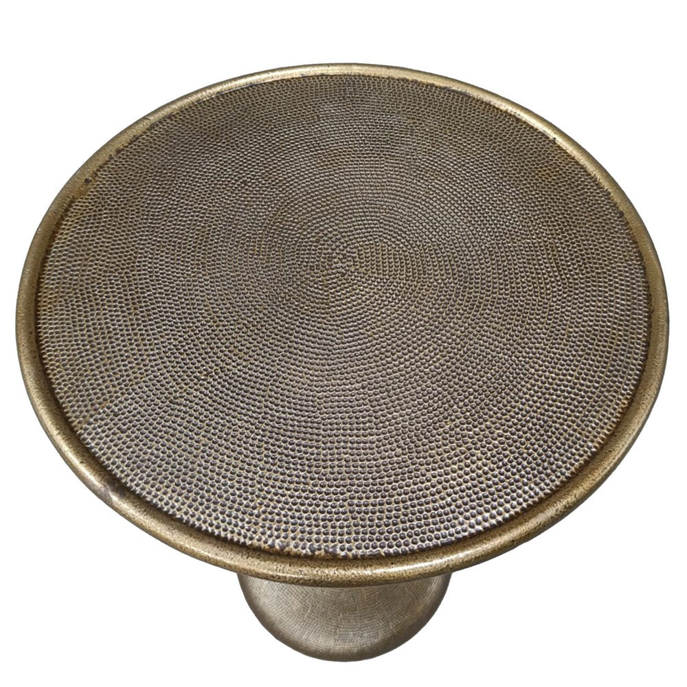 The Urban Port Shae 22 Inch Round Side End Table - Antique Brass Cast Aluminum with Hammered Texture For Small Places