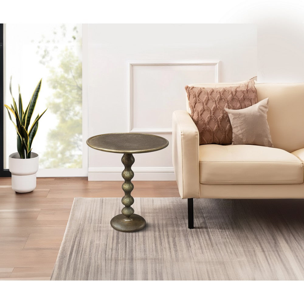 The Urban Port Shae 22 Inch Round Side End Table - Antique Brass Cast Aluminum with Hammered Texture For Small Places