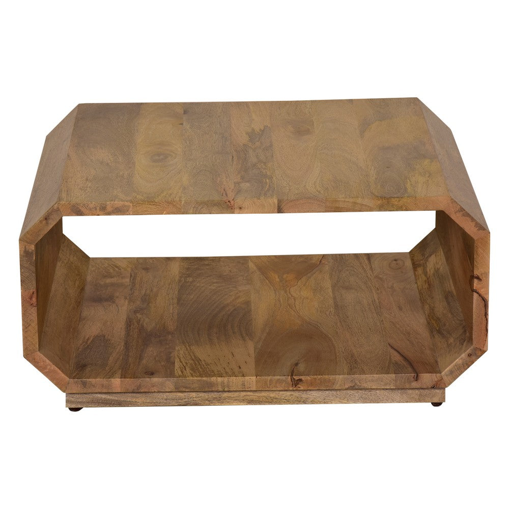 The Urban Port 30 Inch Coffee Table, Handcrafted Hollow Cube Shape, Natural Brown Mango Wood