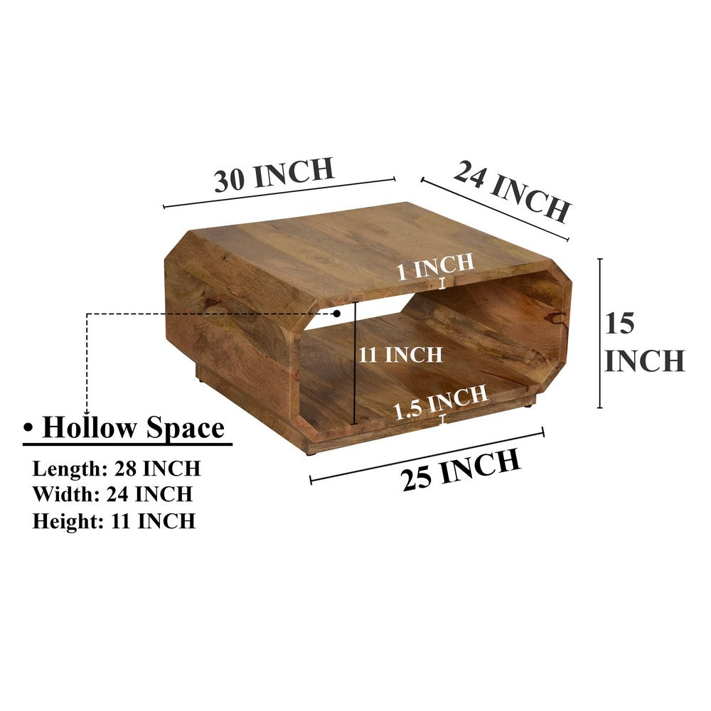 The Urban Port 30 Inch Coffee Table, Handcrafted Hollow Cube Shape, Natural Brown Mango Wood