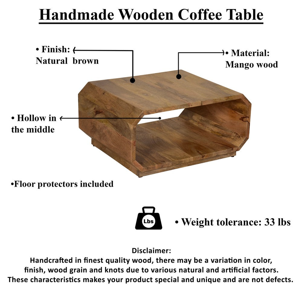 The Urban Port 30 Inch Coffee Table, Handcrafted Hollow Cube Shape, Natural Brown Mango Wood