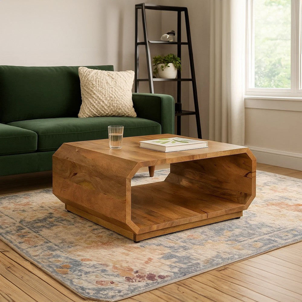 The Urban Port 30 Inch Coffee Table, Handcrafted Hollow Cube Shape, Natural Brown Mango Wood