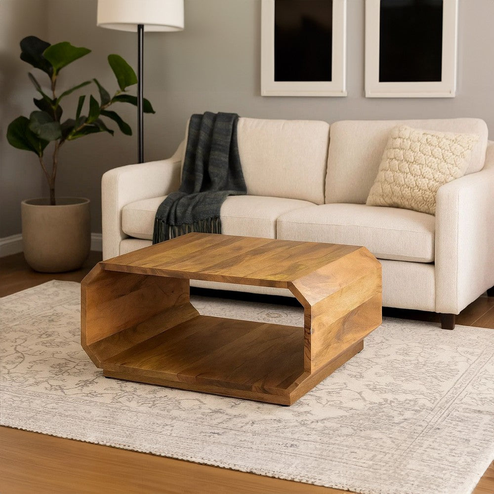 The Urban Port 30 Inch Coffee Table, Handcrafted Hollow Cube Shape, Natural Brown Mango Wood