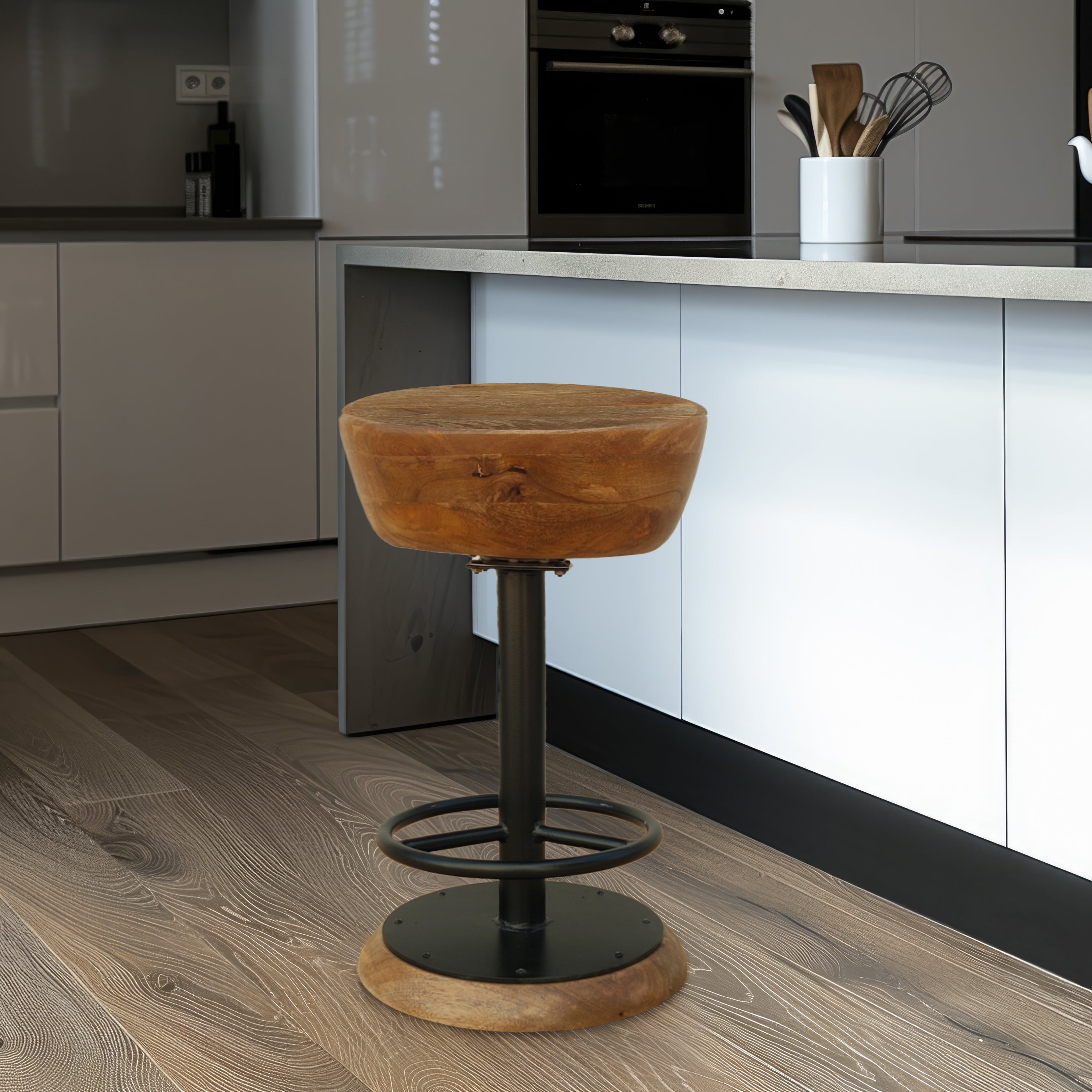The Urban Port Rustic Charm Swivel Counter Bar Stool 24 Inch Handcrafted, Brown Mango Wood Round Seat, Black Iron Base with Footrest