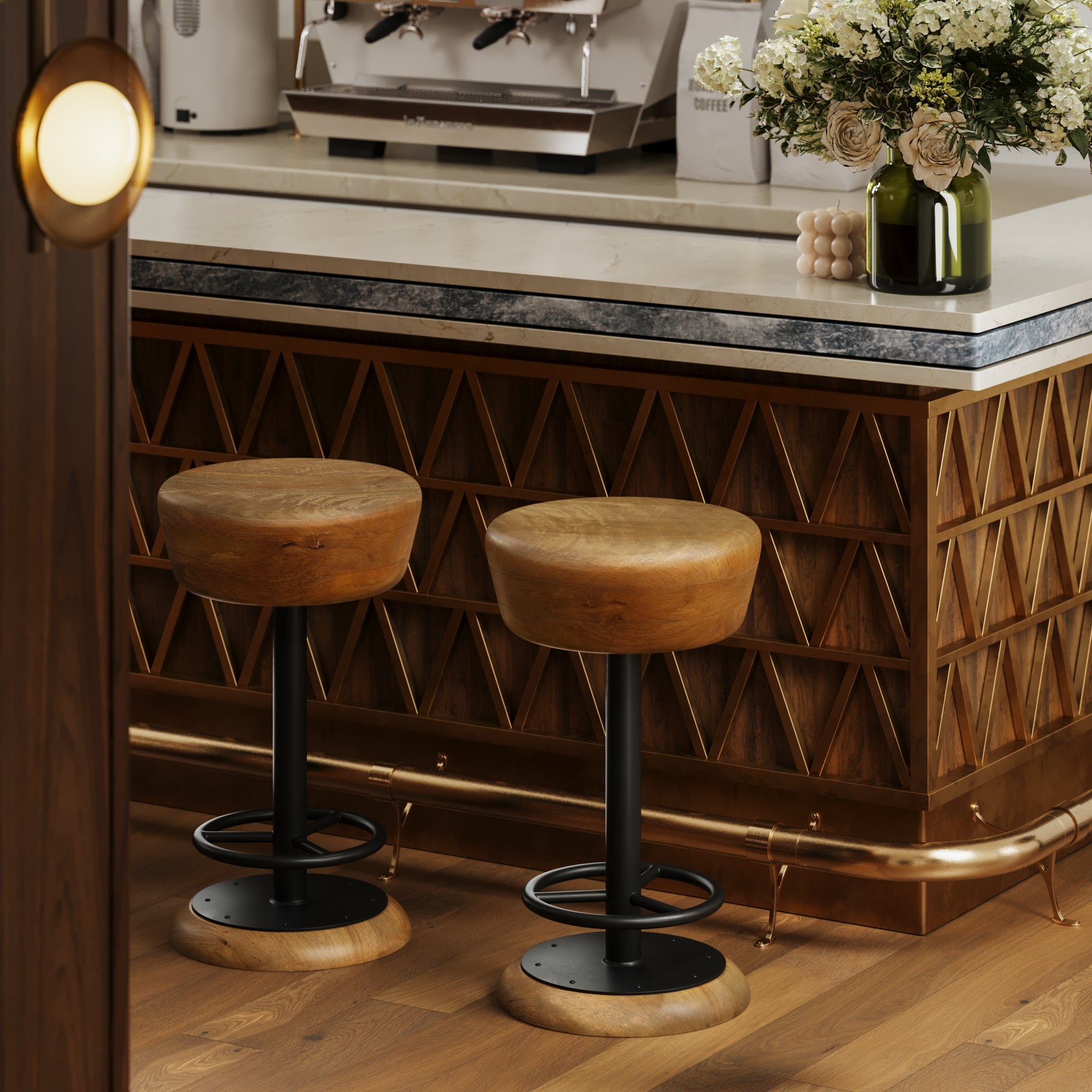 The Urban Port Rustic Charm Swivel Counter Bar Stool 24 Inch Handcrafted, Brown Mango Wood Round Seat, Black Iron Base with Footrest