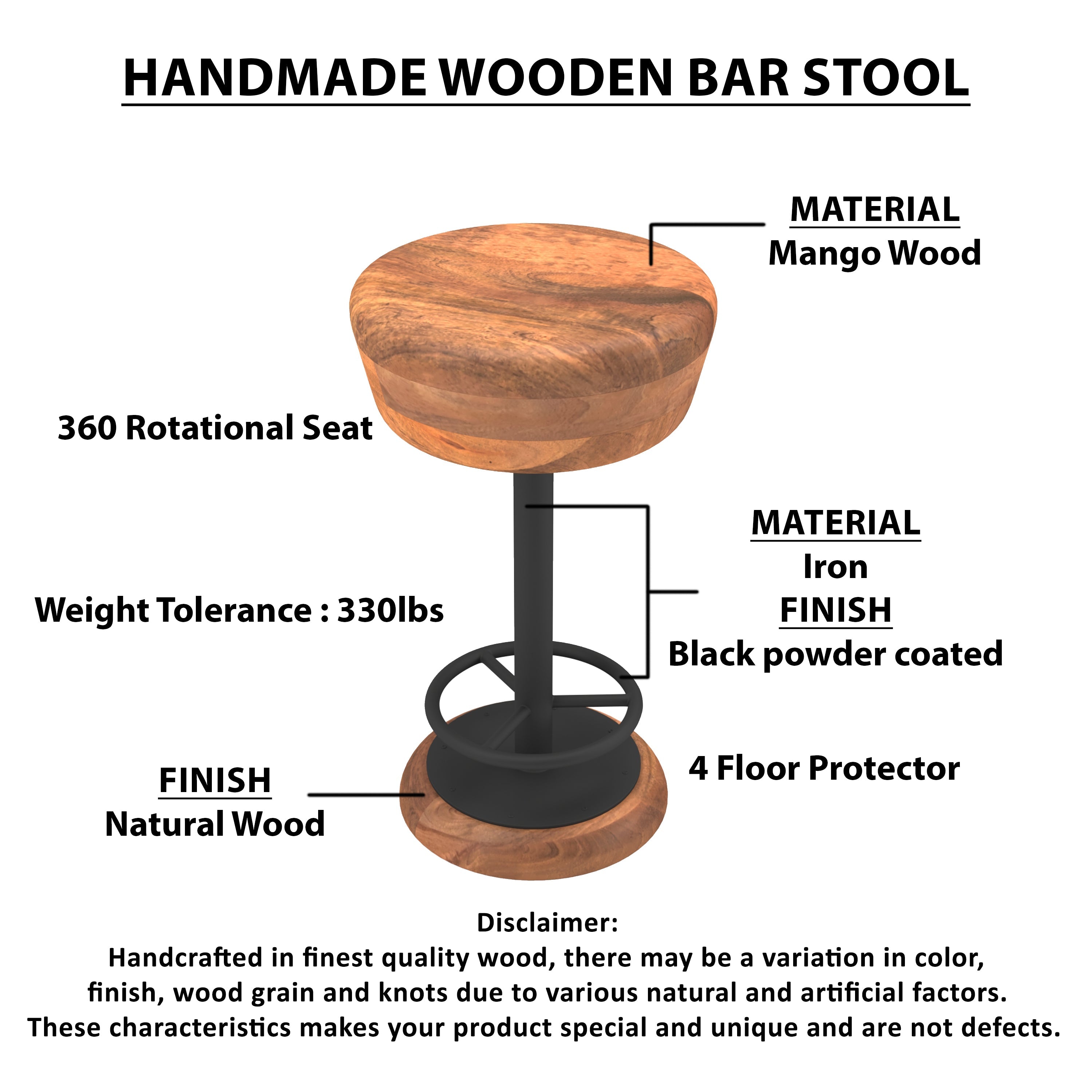 The Urban Port Rustic Charm Swivel Counter Bar Stool 24 Inch Handcrafted, Brown Mango Wood Round Seat, Black Iron Base with Footrest