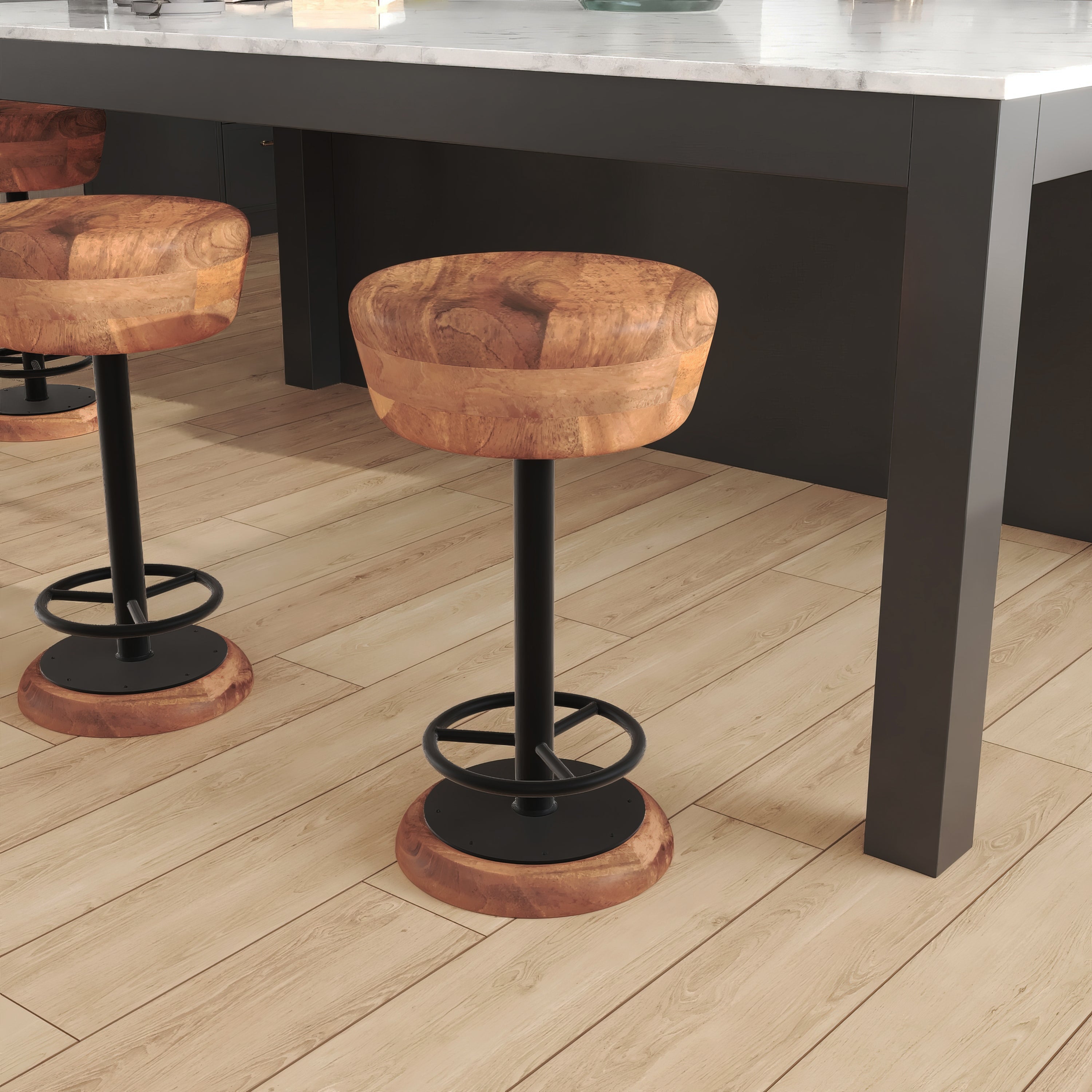 The Urban Port Rustic Charm Swivel Counter Bar Stool 24 Inch Handcrafted, Brown Mango Wood Round Seat, Black Iron Base with Footrest