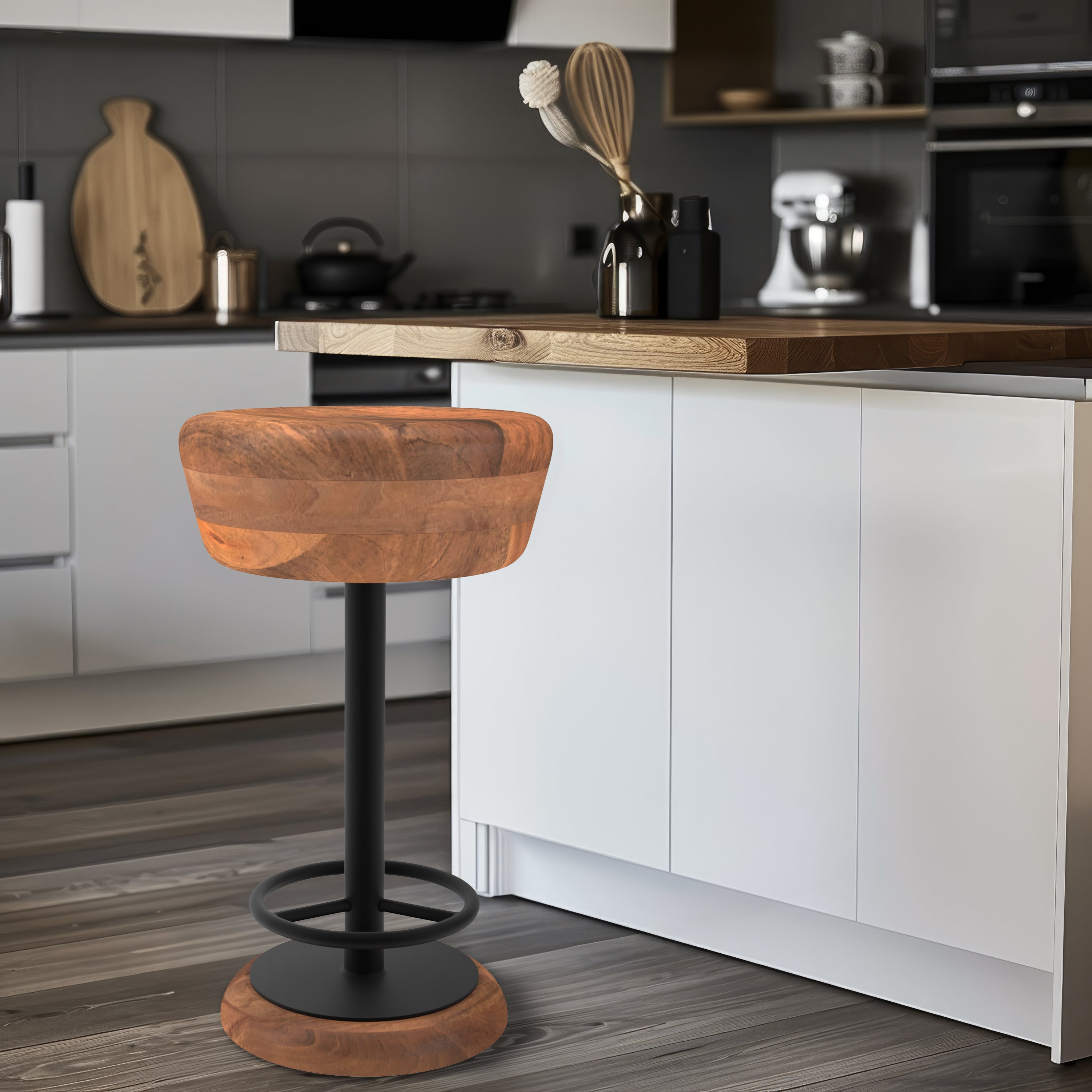 The Urban Port Rustic Charm Swivel Counter Bar Stool 24 Inch Handcrafted, Brown Mango Wood Round Seat, Black Iron Base with Footrest
