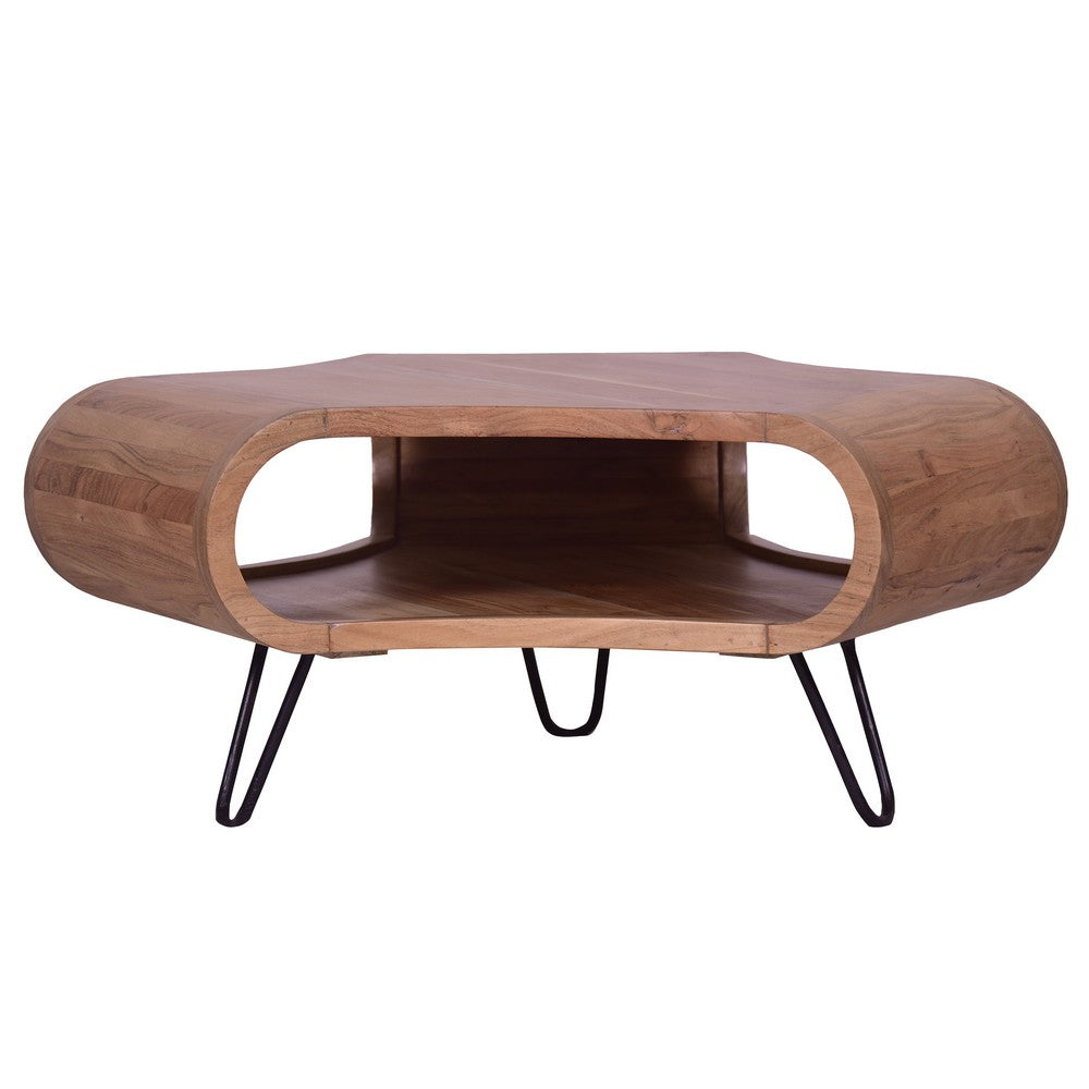 The Urban Port 37 Inch Coffee Table, Handcrafted Curved Hexagon Shape with Open Shelf, Natural Brown Acacia Wood, Iron Legs