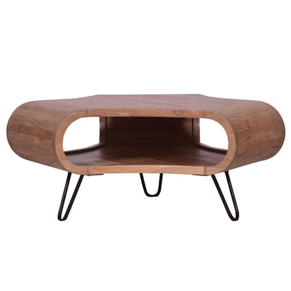 The Urban Port 37 Inch Coffee Table, Handcrafted Curved Hexagon Shape with Open Shelf, Natural Brown Acacia Wood, Iron Legs