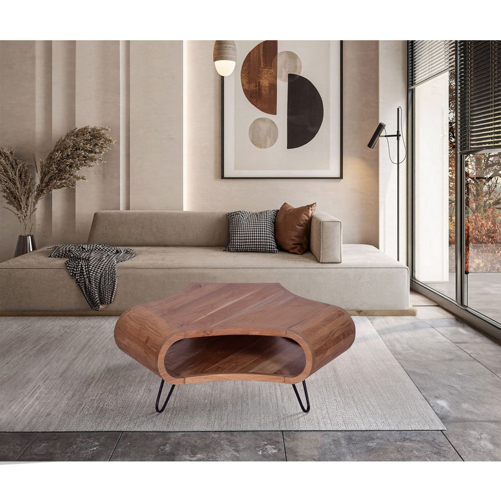 The Urban Port 37 Inch Coffee Table, Handcrafted Curved Hexagon Shape with Open Shelf, Natural Brown Acacia Wood, Iron Legs