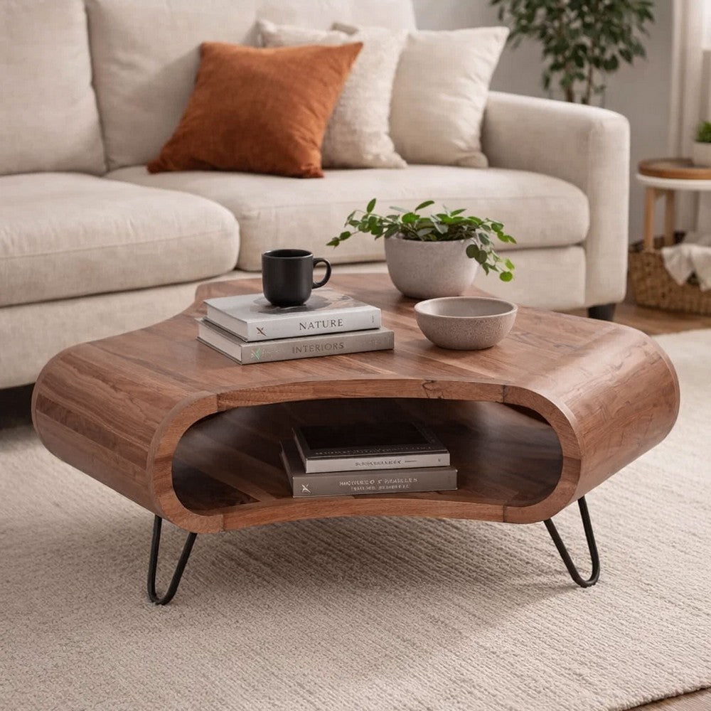 The Urban Port 37 Inch Coffee Table, Handcrafted Curved Hexagon Shape with Open Shelf, Natural Brown Acacia Wood, Iron Legs