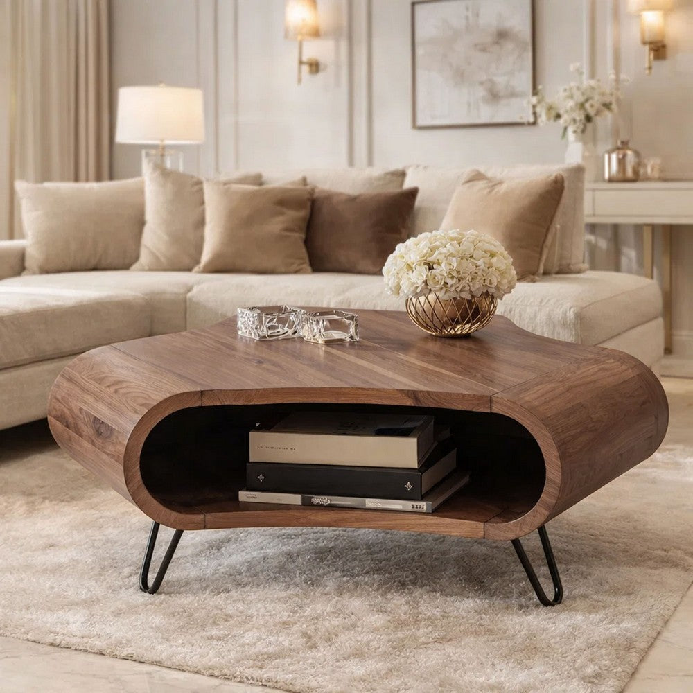 The Urban Port 37 Inch Coffee Table, Handcrafted Curved Hexagon Shape with Open Shelf, Natural Brown Acacia Wood, Iron Legs