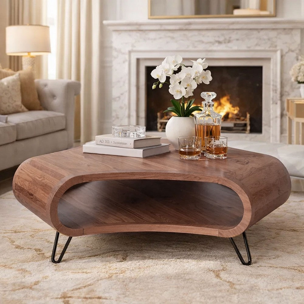 The Urban Port 37 Inch Coffee Table, Handcrafted Curved Hexagon Shape with Open Shelf, Natural Brown Acacia Wood, Iron Legs
