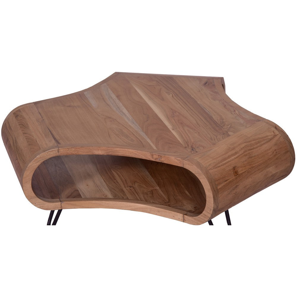 The Urban Port 37 Inch Coffee Table, Handcrafted Curved Hexagon Shape with Open Shelf, Natural Brown Acacia Wood, Iron Legs