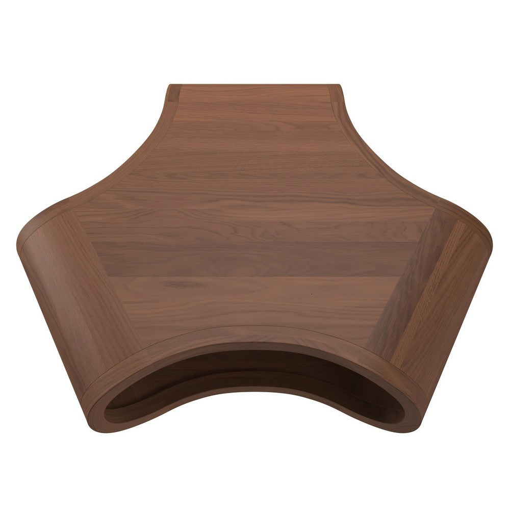 The Urban Port 37 Inch Coffee Table, Handcrafted Curved Hexagon Shape with Open Shelf, Natural Brown Acacia Wood, Iron Legs