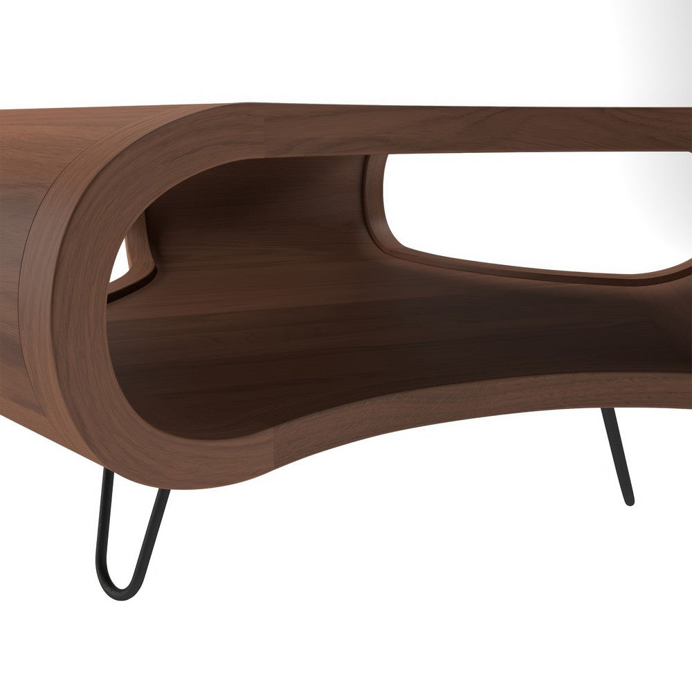 The Urban Port 37 Inch Coffee Table, Handcrafted Curved Hexagon Shape with Open Shelf, Natural Brown Acacia Wood, Iron Legs