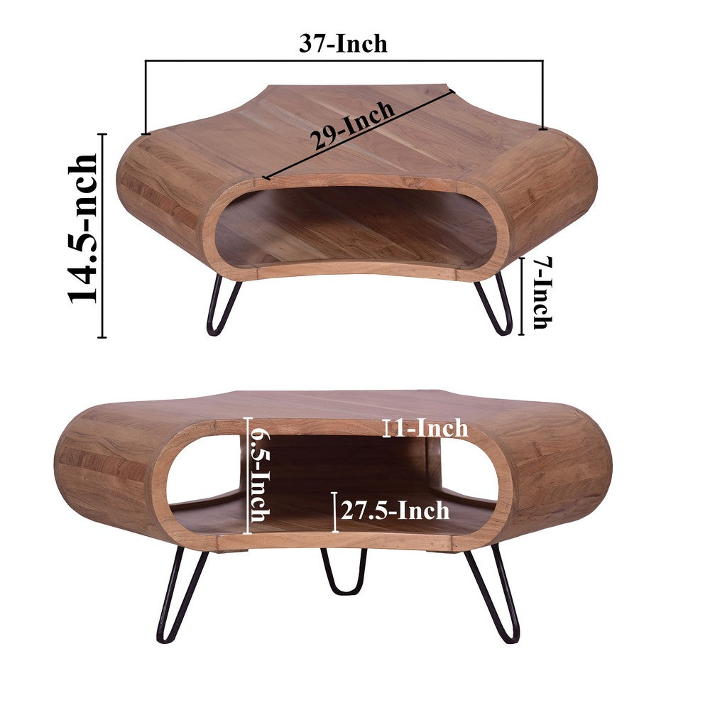 The Urban Port 37 Inch Coffee Table, Handcrafted Curved Hexagon Shape with Open Shelf, Natural Brown Acacia Wood, Iron Legs