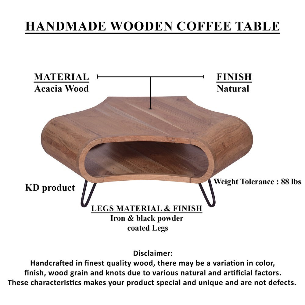 The Urban Port 37 Inch Coffee Table, Handcrafted Curved Hexagon Shape with Open Shelf, Natural Brown Acacia Wood, Iron Legs