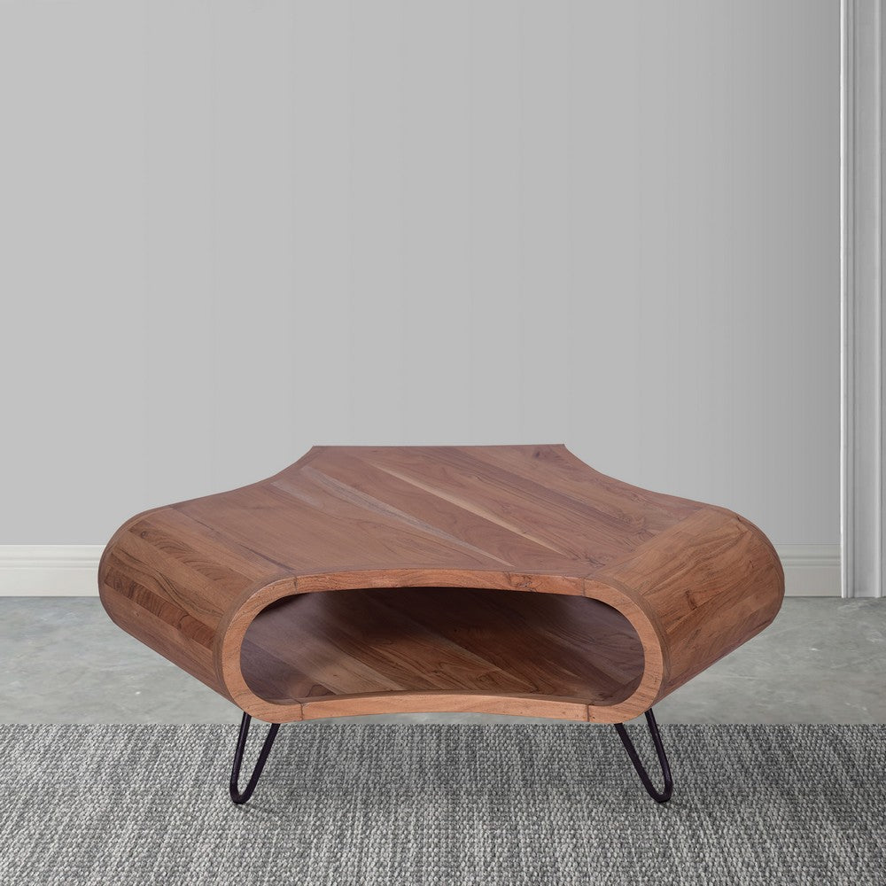 The Urban Port 37 Inch Coffee Table, Handcrafted Curved Hexagon Shape with Open Shelf, Natural Brown Acacia Wood, Iron Legs