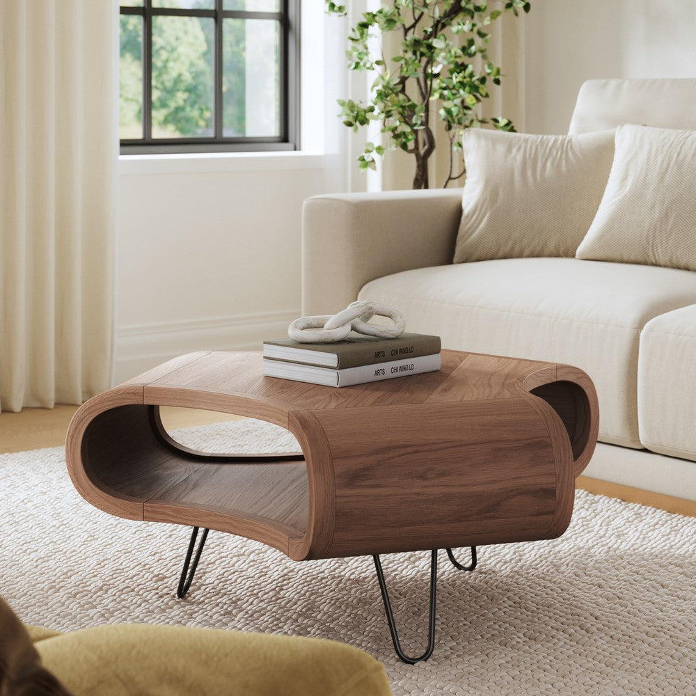The Urban Port 37 Inch Coffee Table, Handcrafted Curved Hexagon Shape with Open Shelf, Natural Brown Acacia Wood, Iron Legs