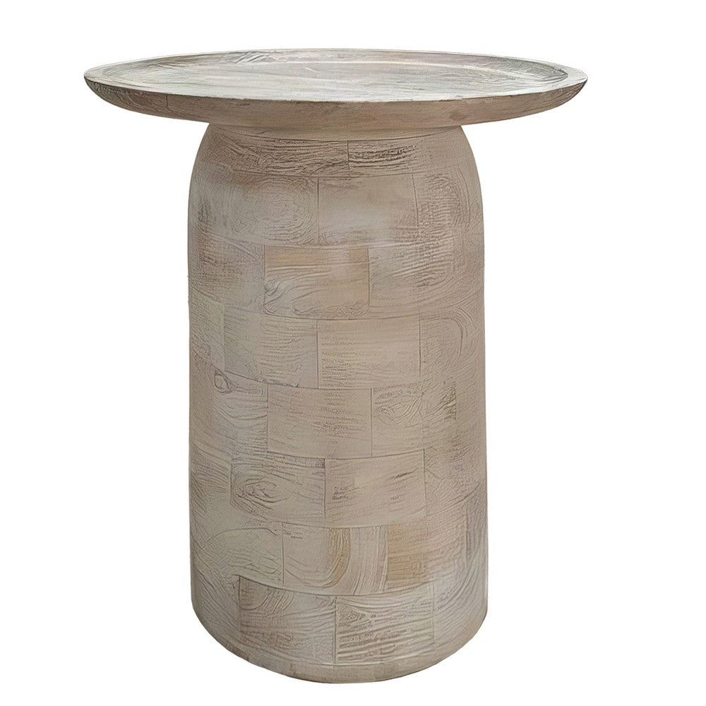 The Urban Port Oais Side End Table, Sandblasted Distressed White Mango Wood, 17 Inch Round Top
