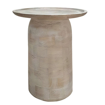 The Urban Port Oais Side End Table, Sandblasted Distressed White Mango Wood, 17 Inch Round Top
