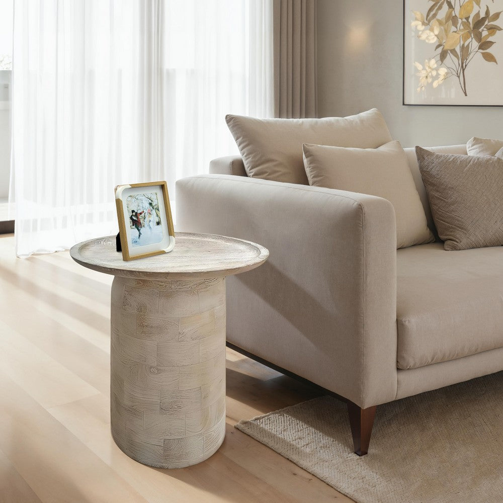 The Urban Port Oais Side End Table, Sandblasted Distressed White Mango Wood, 17 Inch Round Top