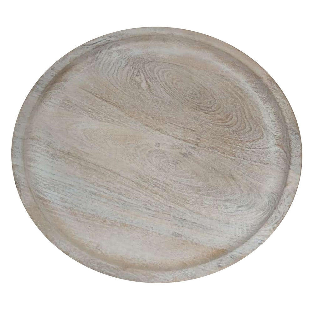 The Urban Port Oais Side End Table, Sandblasted Distressed White Mango Wood, 17 Inch Round Top