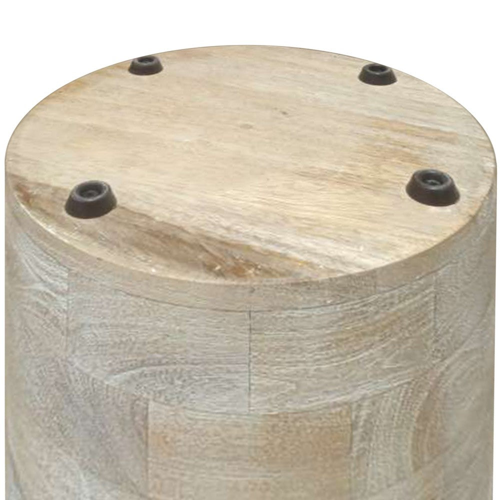 The Urban Port Oais Side End Table, Sandblasted Distressed White Mango Wood, 17 Inch Round Top