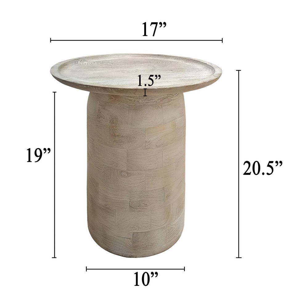 The Urban Port Oais Side End Table, Sandblasted Distressed White Mango Wood, 17 Inch Round Top