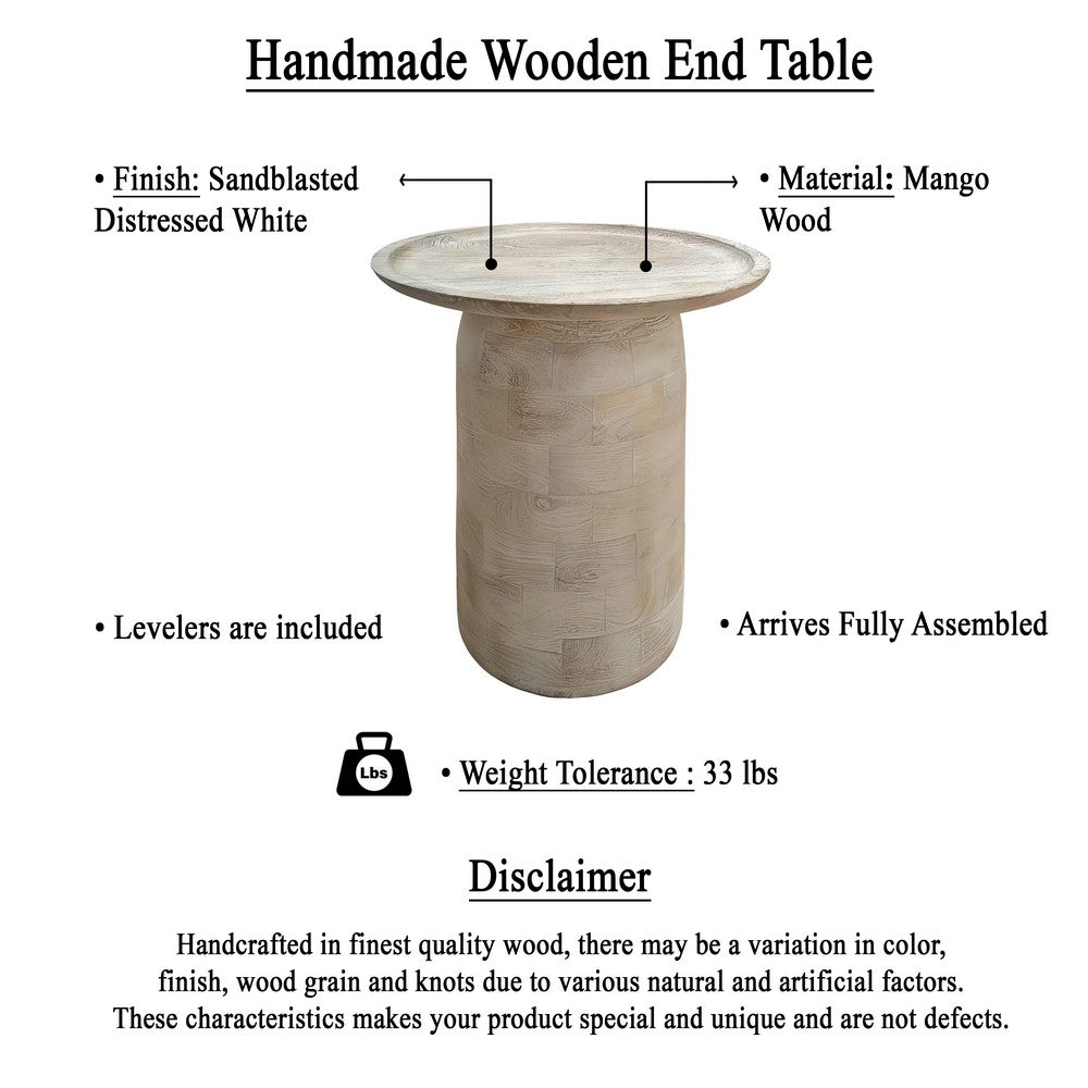 The Urban Port Oais Side End Table, Sandblasted Distressed White Mango Wood, 17 Inch Round Top