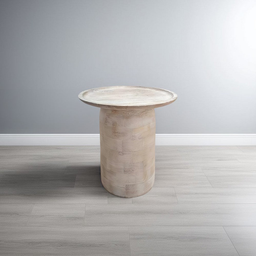 The Urban Port Oais Side End Table, Sandblasted Distressed White Mango Wood, 17 Inch Round Top