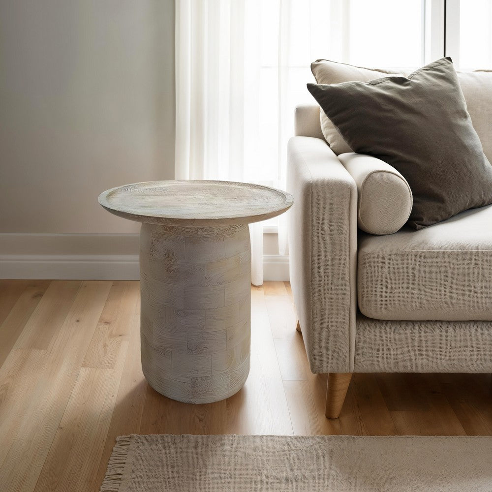 The Urban Port Oais Side End Table, Sandblasted Distressed White Mango Wood, 17 Inch Round Top