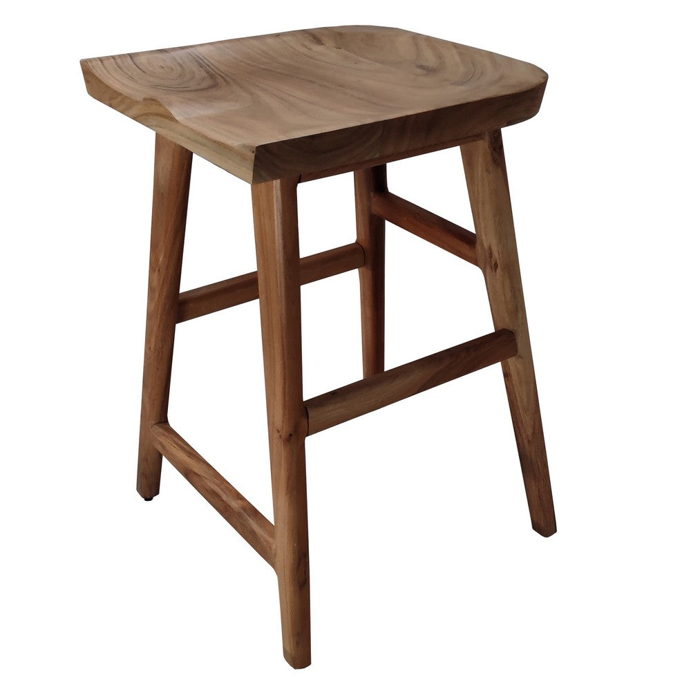 The Urban Port Tisa 24 Inch Backless Counter Height Stool, Handcrafted Saddle Seat in Natural Brown Acacia Wood