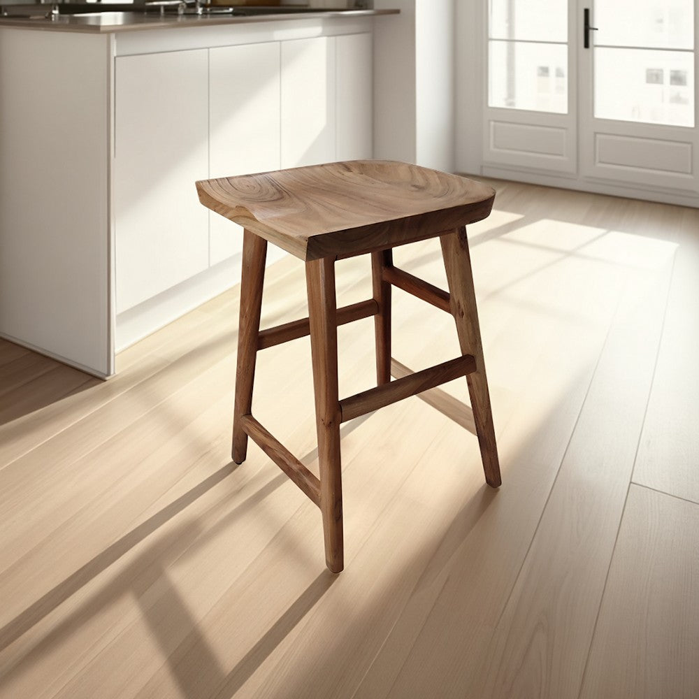 The Urban Port Tisa 24 Inch Backless Counter Height Stool, Handcrafted Saddle Seat in Natural Brown Acacia Wood