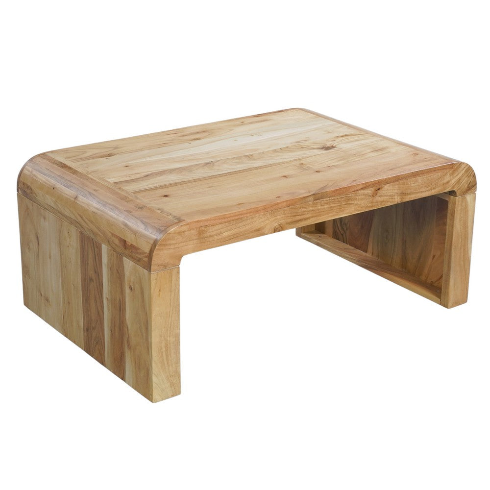The Urban Port Cascade 36 Inch Coffee Table, Handcrafted Natural Acacia Wood, Rectangular Curved Waterfall Top