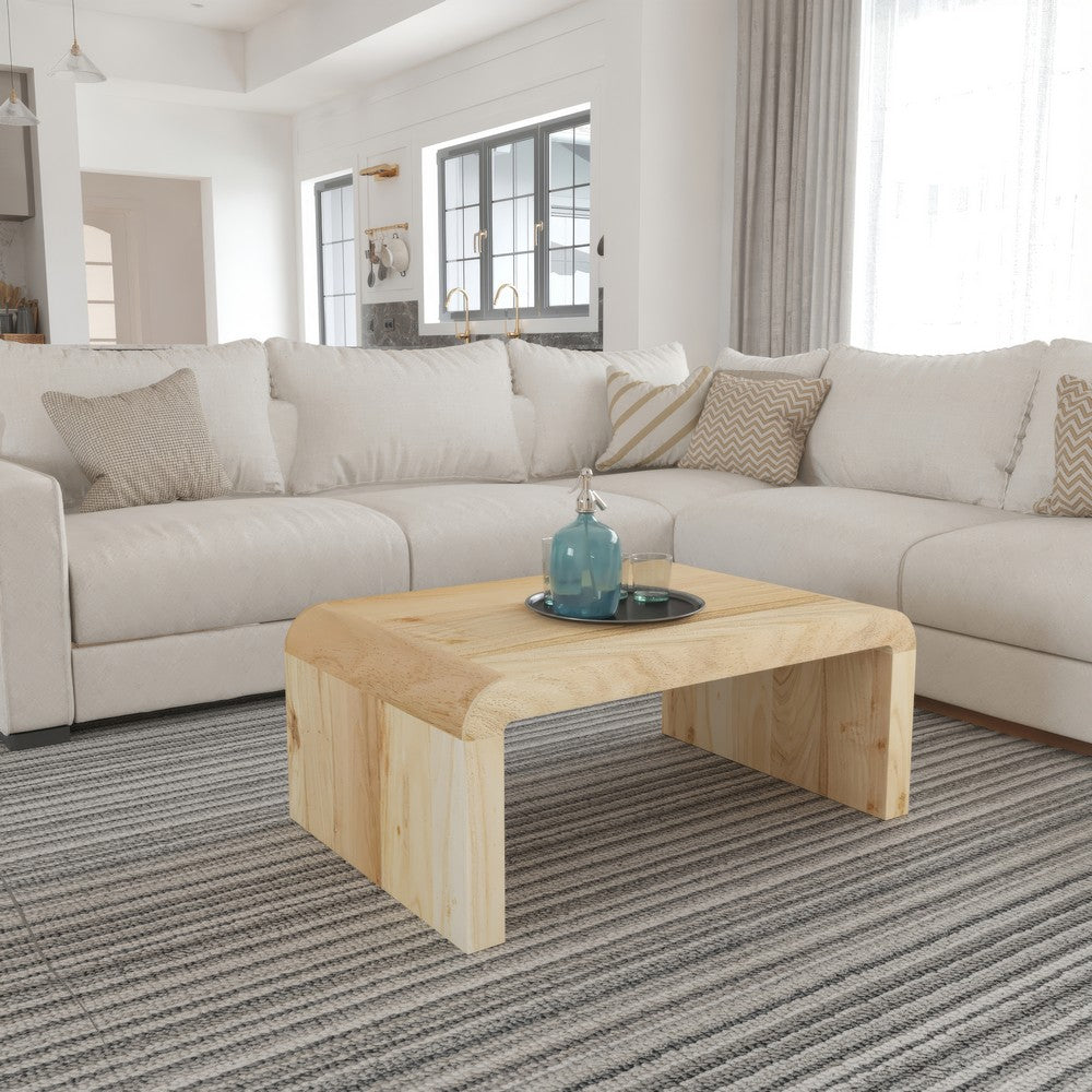 The Urban Port Cascade 36 Inch Coffee Table, Handcrafted Natural Acacia Wood, Rectangular Curved Waterfall Top
