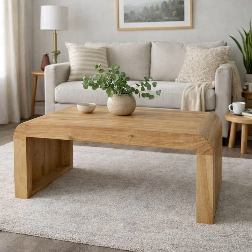 The Urban Port Cascade 36 Inch Coffee Table, Handcrafted Natural Acacia Wood, Rectangular Curved Waterfall Top