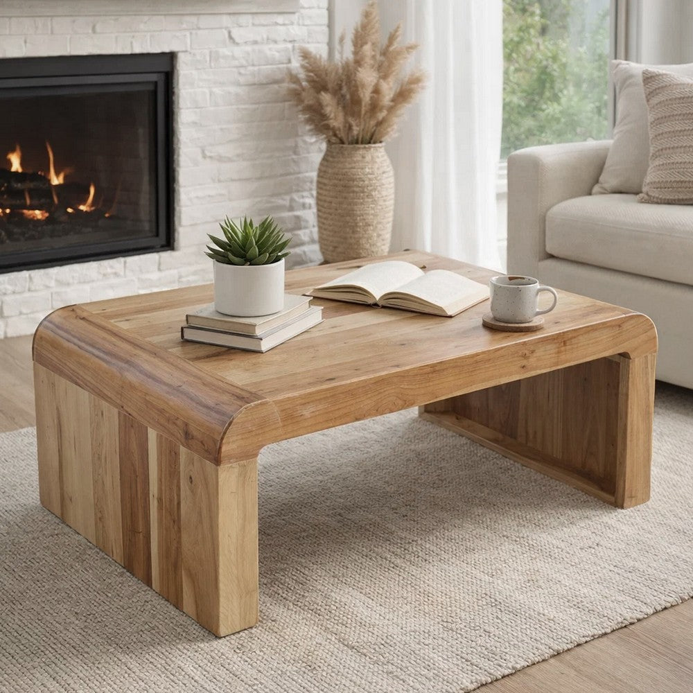 The Urban Port Cascade 36 Inch Coffee Table, Handcrafted Natural Acacia Wood, Rectangular Curved Waterfall Top